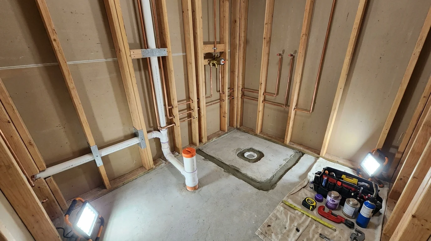 Bathroom rough-in plumbing during remodel by Johns Plumbing LLC in Ahoskie