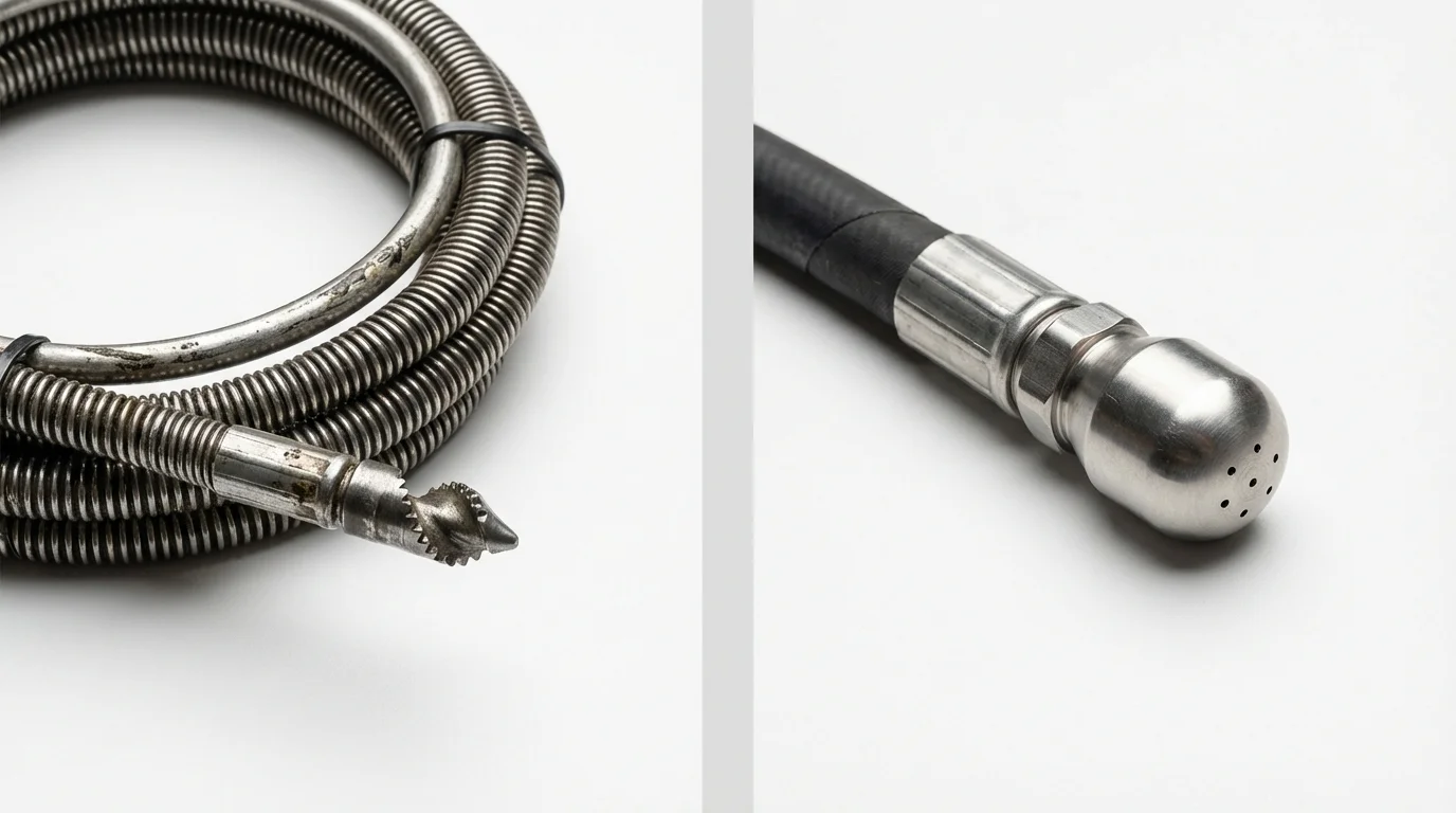 Drain snake cable and hydro jetting nozzle used for drain cleaning in Ahoskie, NC