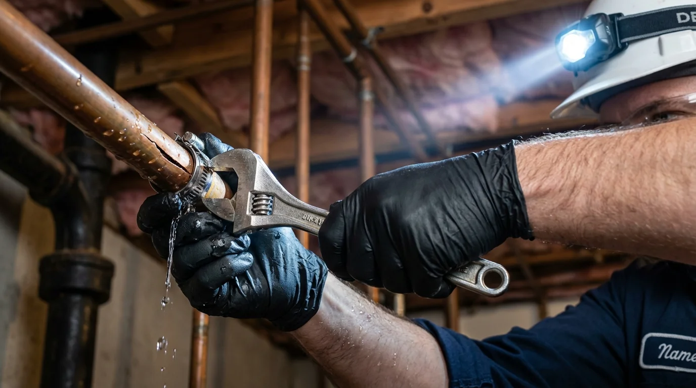 Emergency pipe clamp repair being performed by a Johns Plumbing LLC plumber in Ahoskie