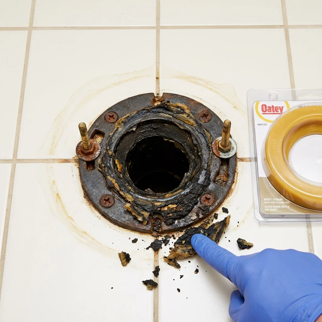Failed wax ring showing water seepage at the base of a toilet in a Ahoskie, NC home