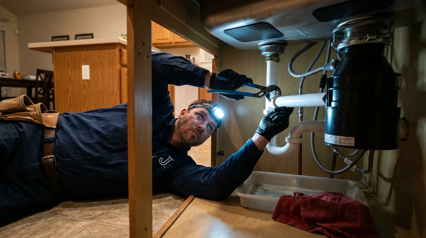 P-trap and supply line connections under a kitchen sink showing a common leak point in Ahoskie, NC